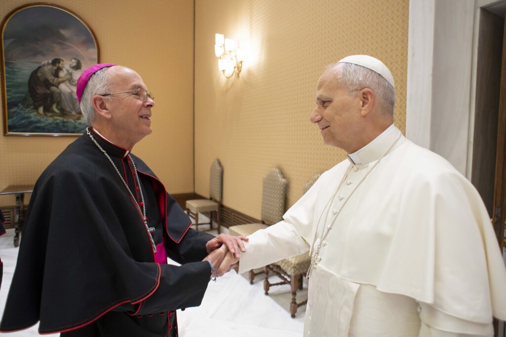 Pope Leo XIV greets Bishop Mark J. Seitz of El Paso, Texas, during a private meeting at the Vatican October 8, 2025. The bishop shared with the pope letters from frightened migrants across the United States. Photo: CNS photo/Vatican Media
