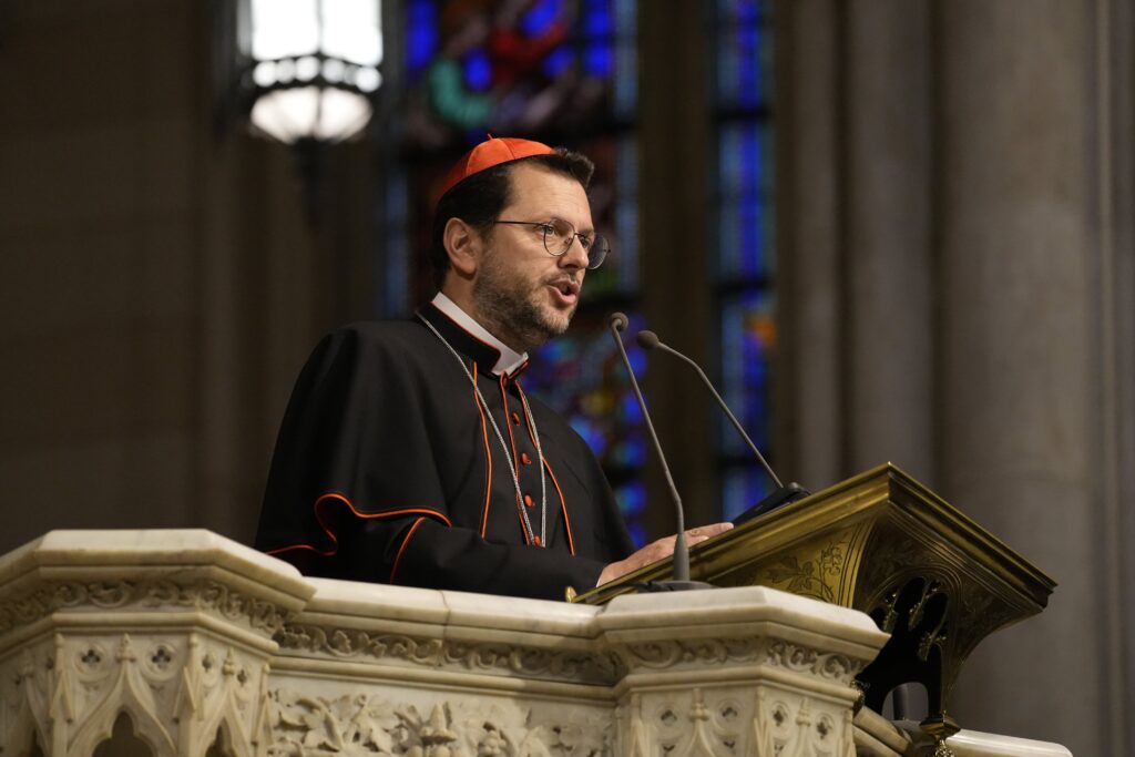 Cardinal Giorgio Marengo, apostolic prefect of Ulaanbaatar, Mongolia, presents a reflection on the Eucharist at St. Patrick's Cathedral in New York City before the fifth annual Napa Institute-sponsored Eucharistic procession through Midtown Manhattan, October 14, 2025.