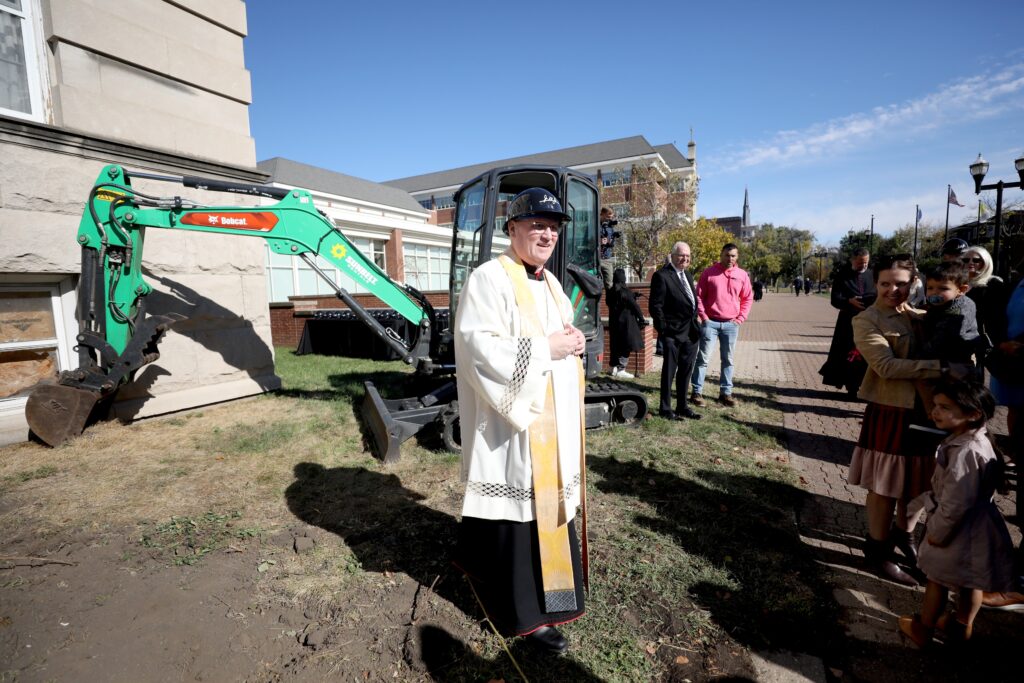 Bishop Louis Tylka of Peoria, Illinois, leads a groundbreaking ceremony on October 19, 2025, outside the historic Spalding Institute in downtown Peoria to convert Venerable Fulton J. Sheen's alma mater into a cultural center.