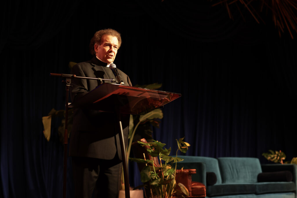 Monsignor Gregory Mustaciuolo, chief executive officer of the Mother Cabrini Health Foundation, speaks at the Mental Health Summit: A Collaborative Path for Well-Being event in Manhattan, Wednesday, October 22, 2025.
