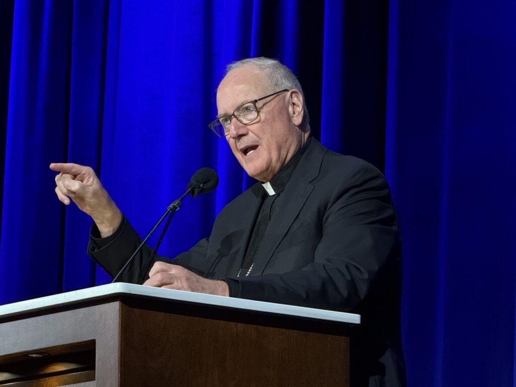 Cardinal Timothy Dolan addresses the Forum on Faith at the Marriott Marquis Hotel in Manhattan, October 9, 2025.