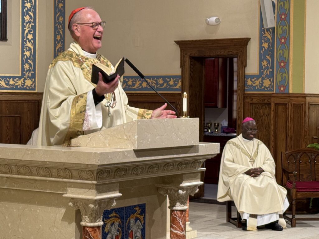 Archbishop Ignatius Kaigama (right) listens as Cardinal Timothy Dolan delivers a homily at an archdiocesan pastors’ retreat in Spring Lake, New Jersey, October 8, 2025.
