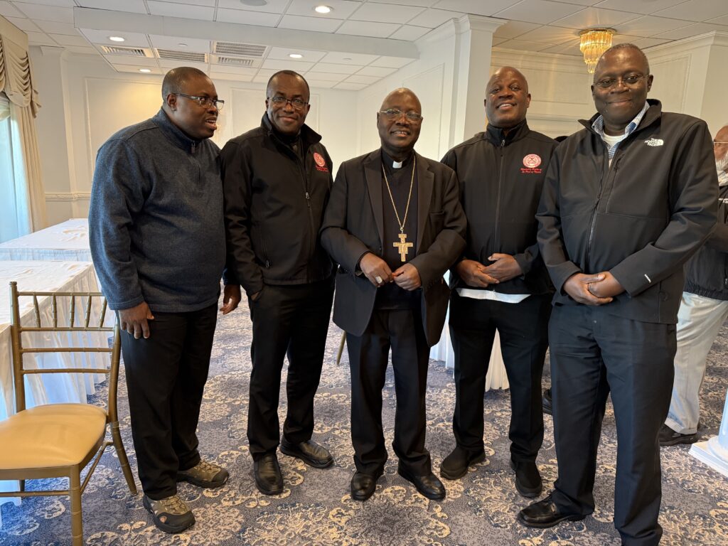 Archbishop Ignatius Kaigama (center) poses with priests from Nigeria at an archdiocesan pastors’ retreat in Spring Lake, New Jersey, October 8, 2025.