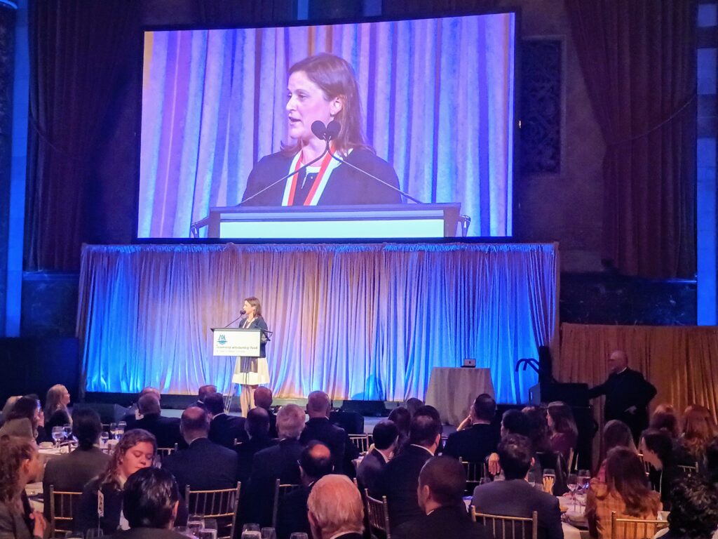 Katherine Brennan, recipient of the Saint Thomas More Award, speaks before being presented with the award during the Inner-City Scholarship Fund Lawyers Luncheon in Midtown Manhattan, Wednesday, October 22, 2025.