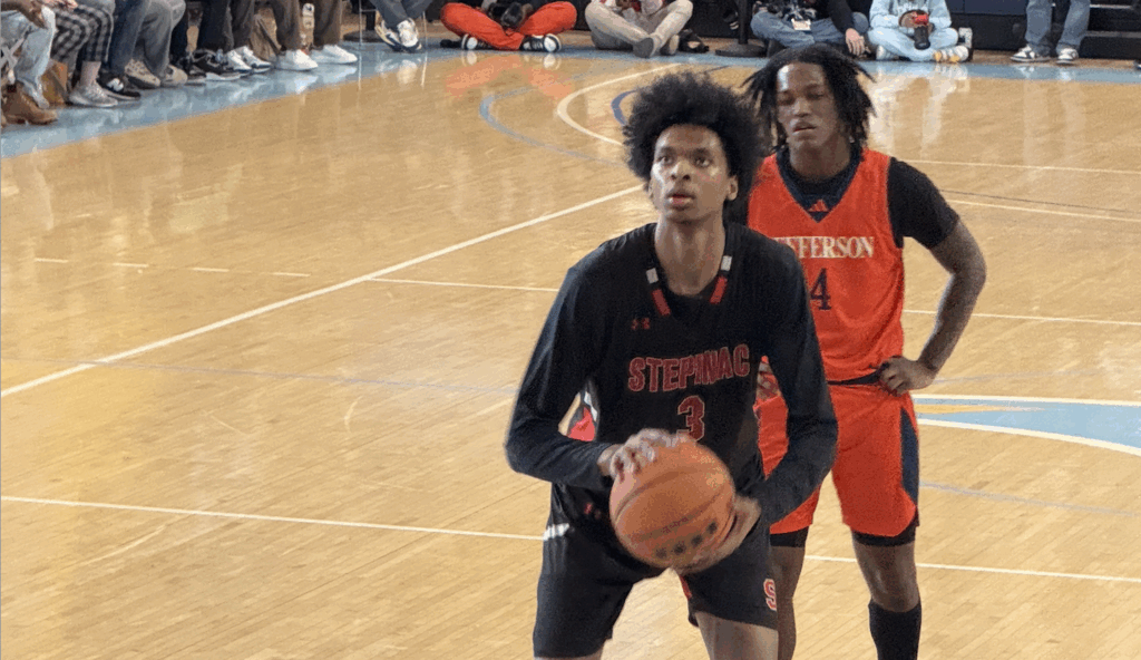 Adonis Ratliff (in black) shoots a foul shot during the CHSAA vs. PSAL championship game, held on March 26, 2025, at Long Island University.