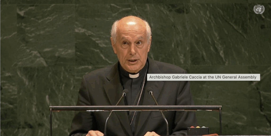 Archbishop Gabriele Caccia, the Vatican's permanent observer to the United Nations, speaks at the United Nations, October 27, 2025.