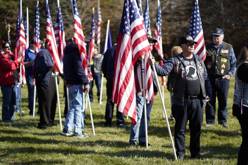 U.S. military veterans gather for a Veterans Day ceremony on November 11, 2021, at Calverton National Cemetery in Calverton.