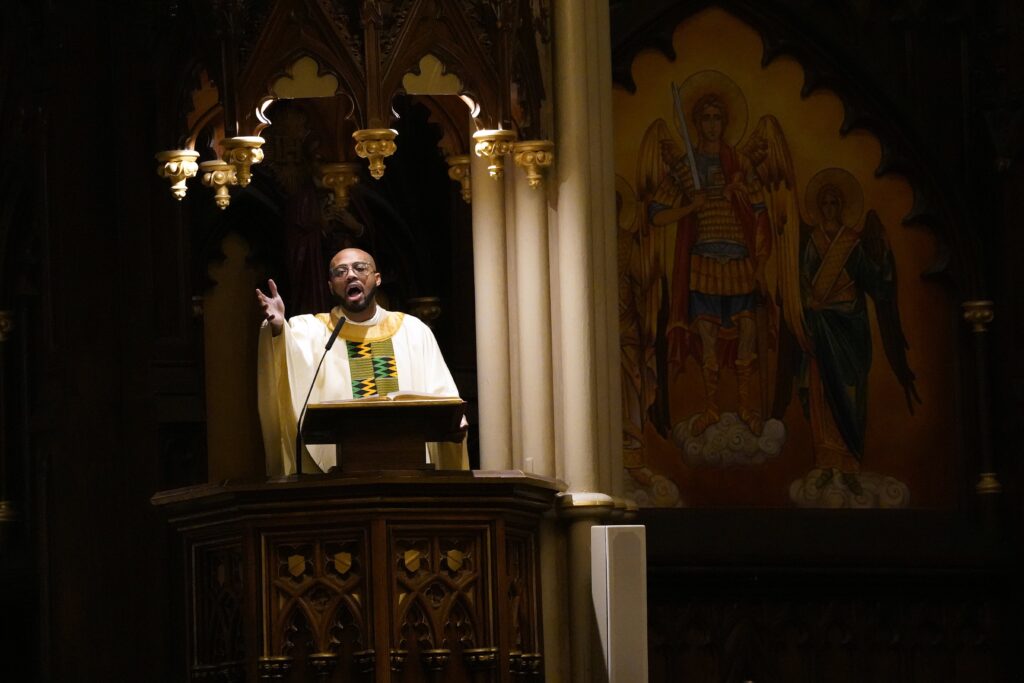 Father Kareem Smith delivers the homily during a Black Catholic History Month Mass at the Basilica of St. Patrick's Old Cathedral in New York City on November 18, 2023.