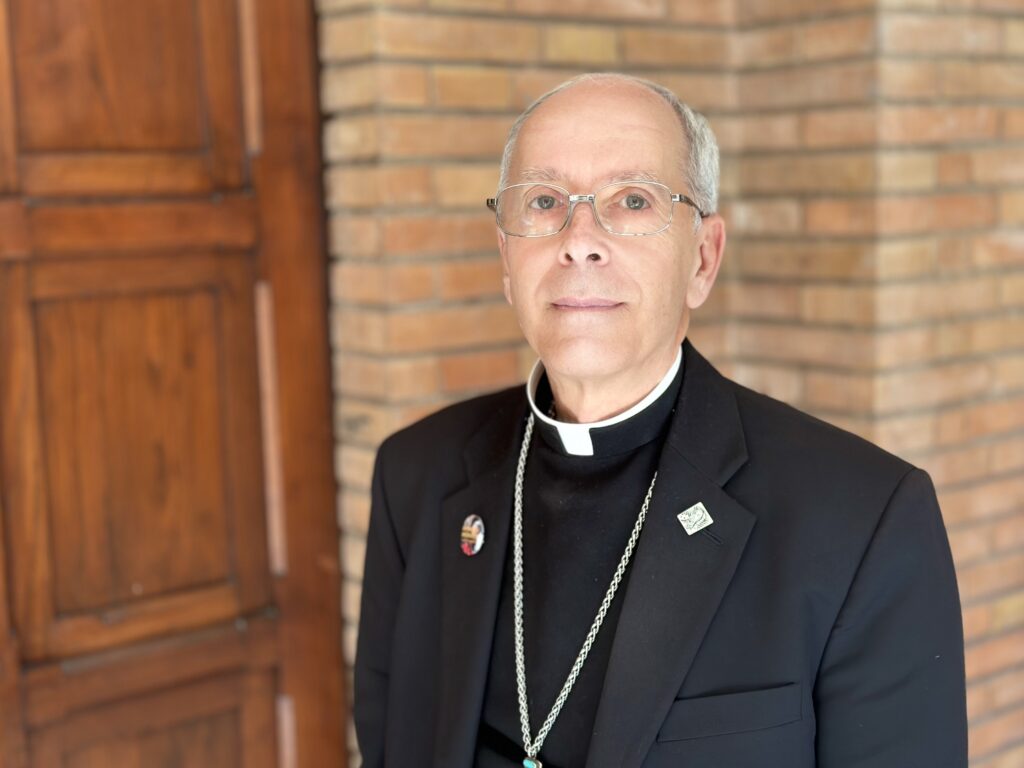 Bishop Mark J. Seitz of El Paso, Texas, speaks after Mass with members of the Jubilee pilgrimage of the National Catholic Council for Hispanic Ministry at the LaSalle Christian Brothers Generalate in Rome, October 7, 2025.