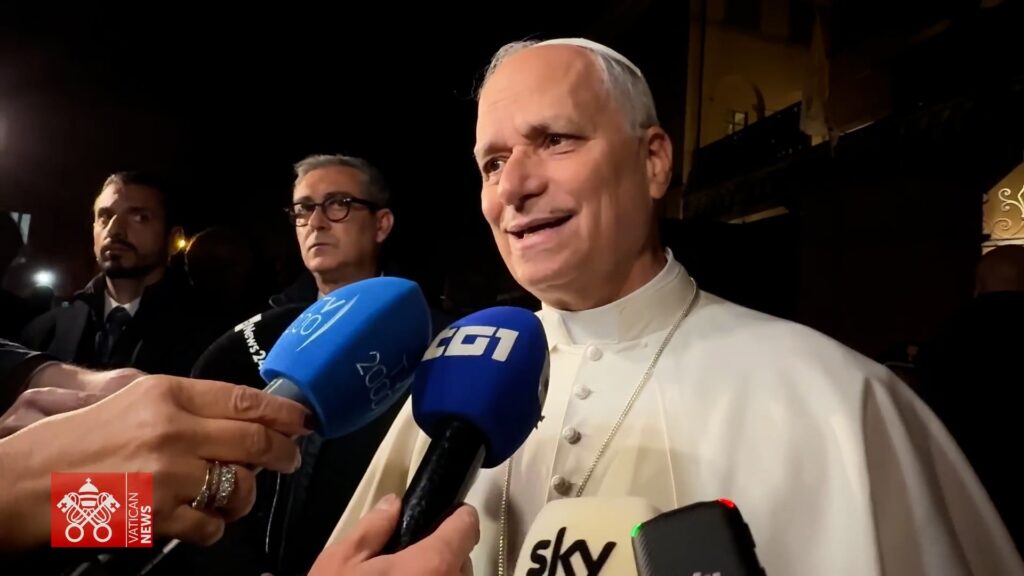 Pope Leo XIV is seen speaking to journalists outside the Palazzo Barberini in Castel Gandolfo, Italy, in a screen shot from a video taken November 4, 2025. Photo: CNS/screen grab, Vatican Media