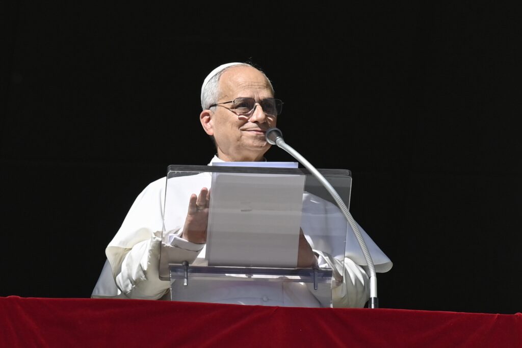 Pope Leo XIV leads the recitation of the Angelus prayer from the window of studio overlooking St. Peter's Square at the Vatican, November 9, 2025.