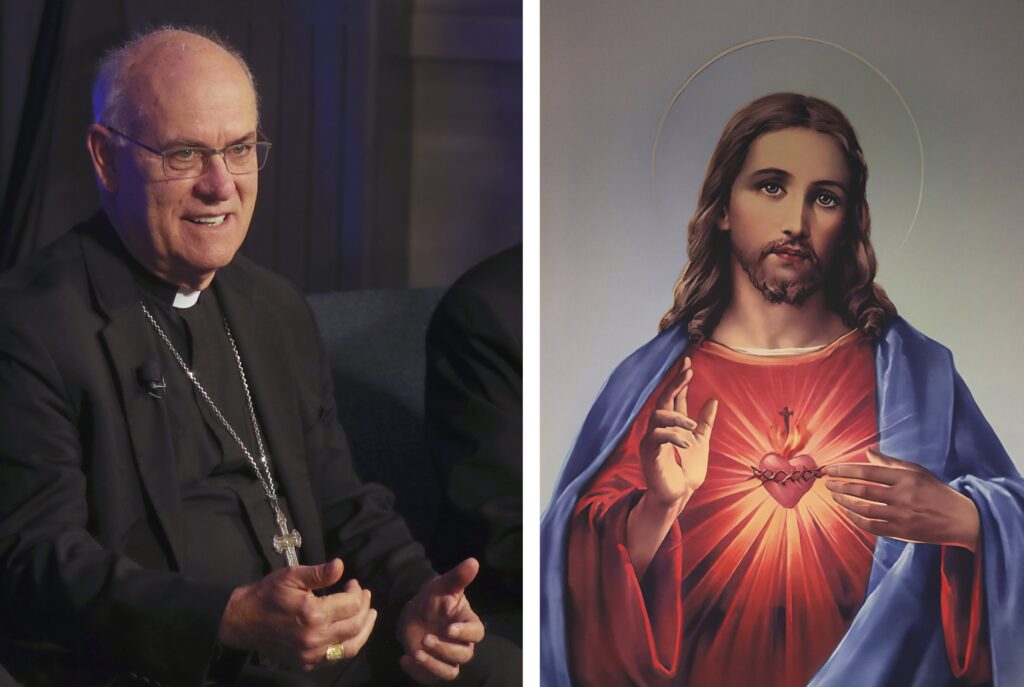 Bishop Kevin C. Rhoades of Fort Wayne-South Bend, Indiana, is pictured in a combination photo with a painting of the Sacred Heart of Jesus. The U.S. bishops voted on November 11, 2025, during their fall plenary assembly to consecrate the United States to the Sacred Heart for the nation's 250th anniversary in 2026.