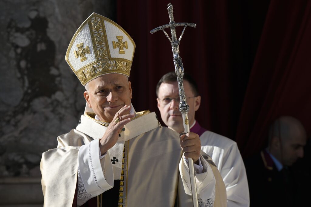 Pope Leo XIV gives his blessing to people attending Mass for the Jubilee of Choirs and the feast of Christ the King November 23, 2025, in St. Peter's Square at the Vatican.