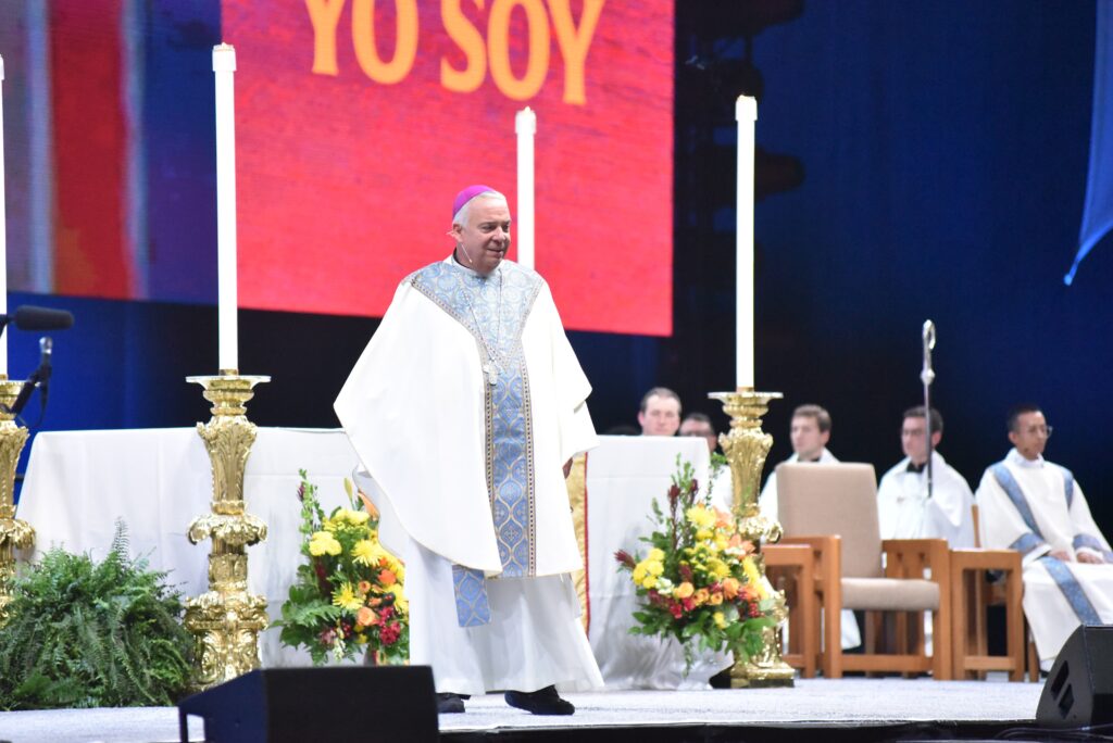 Archbishop Nelson J. Pérez of Philadelphia preaches a homily during the November 22, 2025, closing Mass of the National Catholic Youth Conference celebrated in Lucas Oil Stadium in Indianapolis.