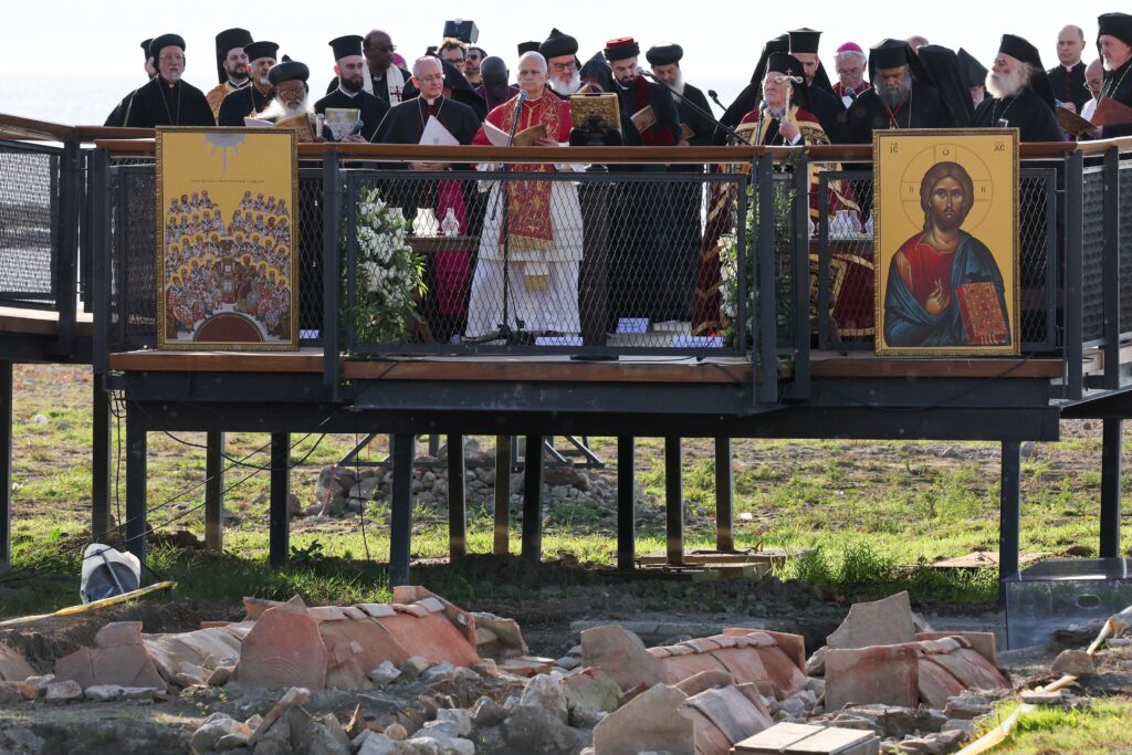 Pope Leo XIV participates in an ecumenical prayer service near the archaeological excavations of the ancient Basilica of Saint Neophytos, during his first apostolic journey, in Iznik, Turkey, on November 28, 2025.