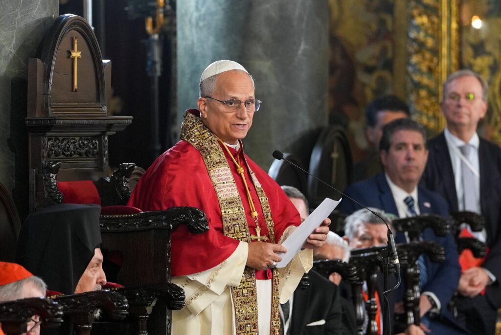 Pope Leo XIV greets Orthodox Ecumenical Patriarch Bartholomew of Constantinople during a Divine Liturgy celebrated in the Patriarchal Cathedral of St. George in Istanbul on November 30, 2025.