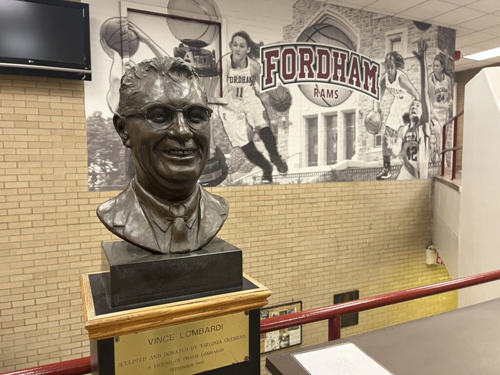 Items commemorating Vince Lombardi’s time at Fordham University are displayed at the Vince Lombardi Memorial Center on Fordham’s Rose Hill campus.