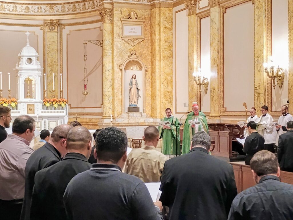 Cardinal Timothy Dolan (center right, wearing zucchetto) while leading a Solemn Vespers service at St. Joseph’s Seminary in Yonkers for Alumni Night, Thursday, November 6, 2025.