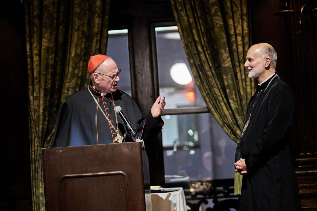 CNEWA Chair Cardinal Timothy M. Dolan introduces CNEWA’s guest of honor, Metropolitan Borys Gudziak, cofounder of the Ukrainian Catholic University, and archbishop of the Ukrainian Greek Catholic Archeparchy of Philadelphia since 2019.
