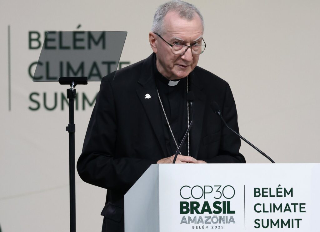 Cardinal Pietro Parolin, Vatican secretary of state, reads a message from Pope Leo XIV to the Leaders Summit on November 7, 2025.
