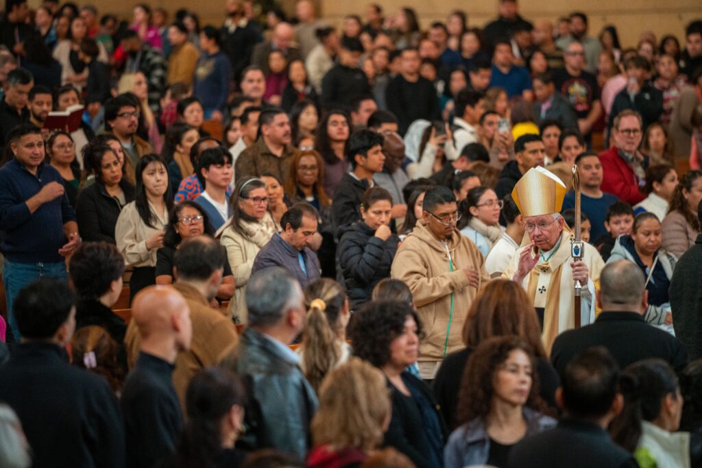 Archbishop José H. Gomez of Los Angeles greets the faithful gathered for Mass on December 28, 2025, on the Feast of the Holy Family, which concluded the Jubilee Year 2025 with the Rite of the Closing of the Jubilee at the Cathedral of Our Lady of the Angels in Los Angeles.