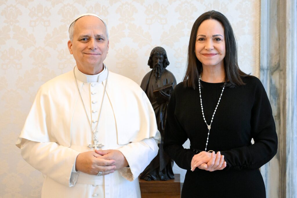 Pope Leo XIV poses for a photograph with María Corina Machado, Venezuelan opposition leader and 2025 Nobel Peace Prize laureate, during a private meeting at the Vatican on January 12, 2026.