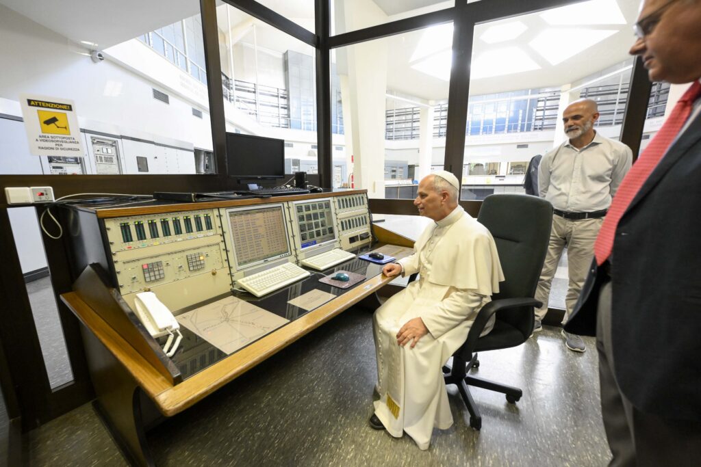 Pope Leo XIV looks at the control panel in the Vatican Radio shortwave transmission center at Santa Maria di Galeria outside of Rome June 19, 2025. (CNS photo/Vatican Media)