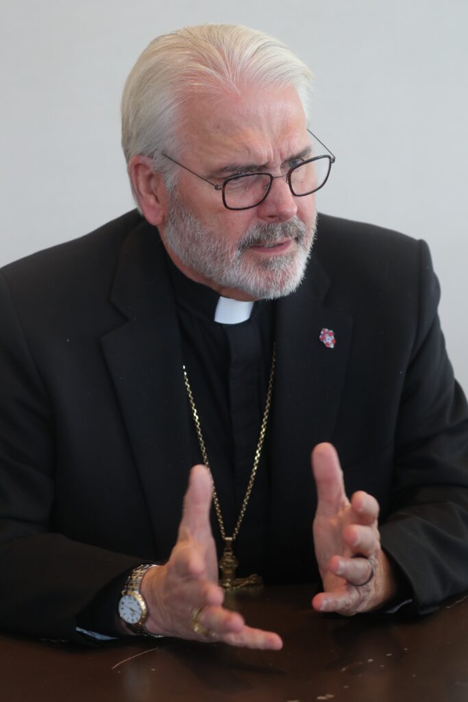 Archbishop Paul S. Coakley of Oklahoma City, president of the U.S. Conference of Catholic Bishops, gestures during a November 12, 2025, interview with OSV News in Baltimore.
