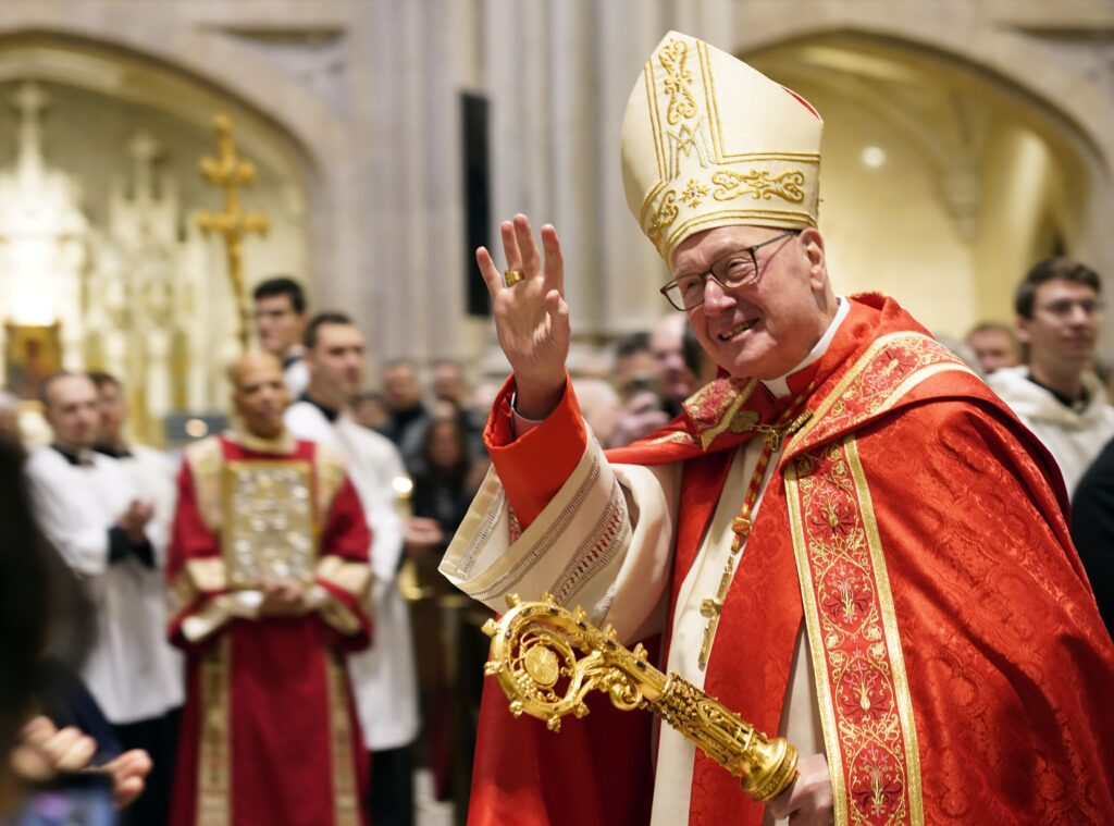 Cardinal Timothy M. Dolan smiles as he arrives for the installation Mass of his successor, Archbishop Ronald A. Hicks, at Saint Patrick's Cathedral in Manhattan on February 6, 2026.
