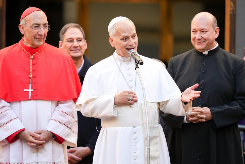 Pope Leo XIV speaks during a pastoral visit to the Basilica of the Sacred Heart of Jesus in central Rome, February 22, 2026.