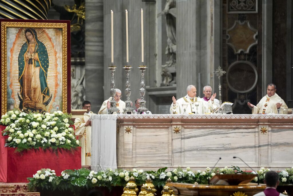 Pope Leo XIV celebrates Mass on the feast of Our Lady of Guadalupe in St. Peter's Basilica at the Vatican on December 12, 2025.