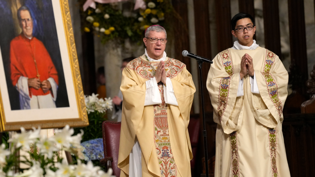 Auxiliary Bishop Gerardo J. Colacicco and transitional Deacon Aaron Salvan pray during Mass at St. Patrick's Cathedral in New York City May 3, 2025. Photo: OSV News/Gregory A. Shemitz