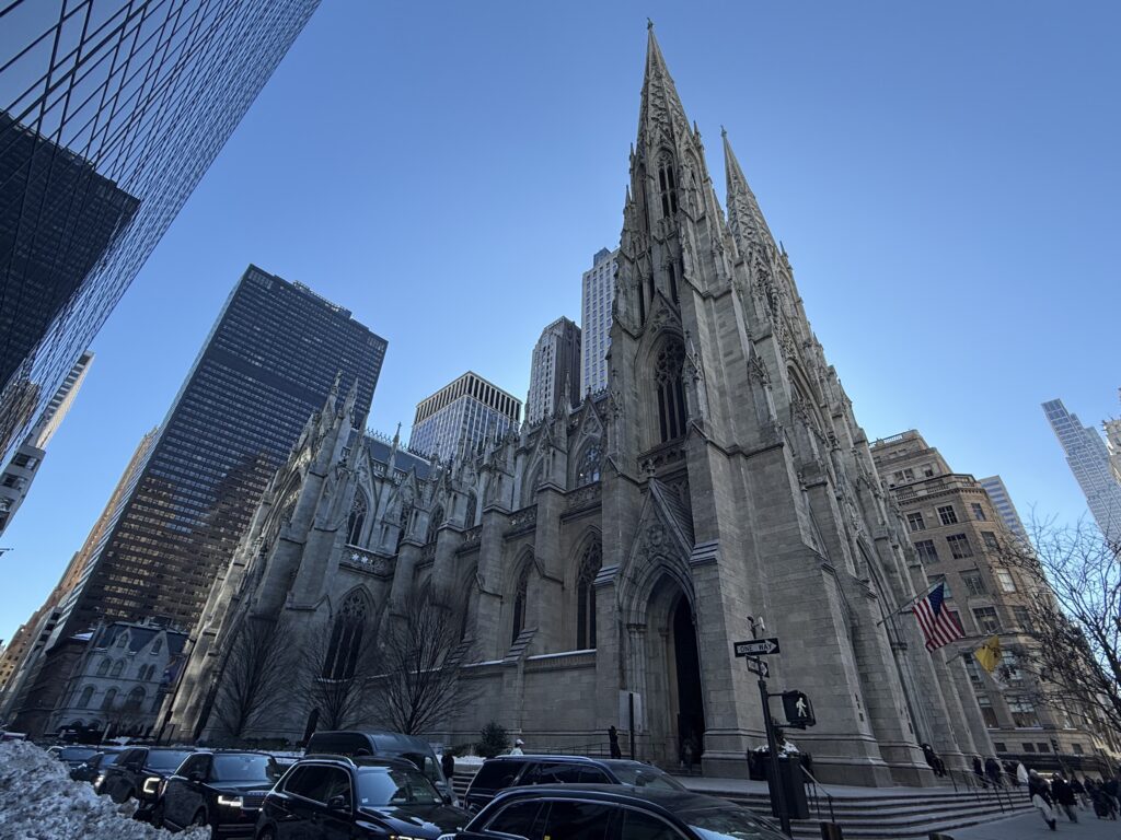 Saint Patrick’s Cathedral towers over Fifth Avenue on February 1, 2026.
