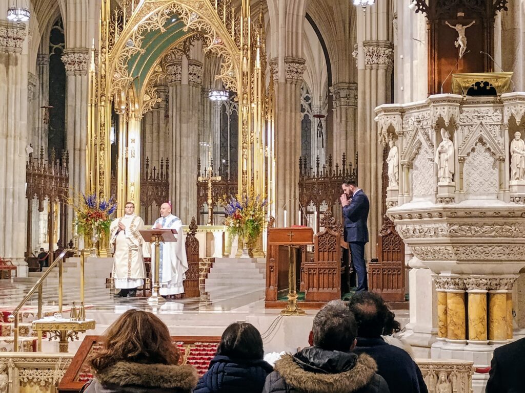 Archdiocese of New York Auxiliary Bishop Joseph A. Espaillat during the early moments of the monthly Young Adult Mass at St. Patrick's Cathedral, Wednesday, February 11, 2026.