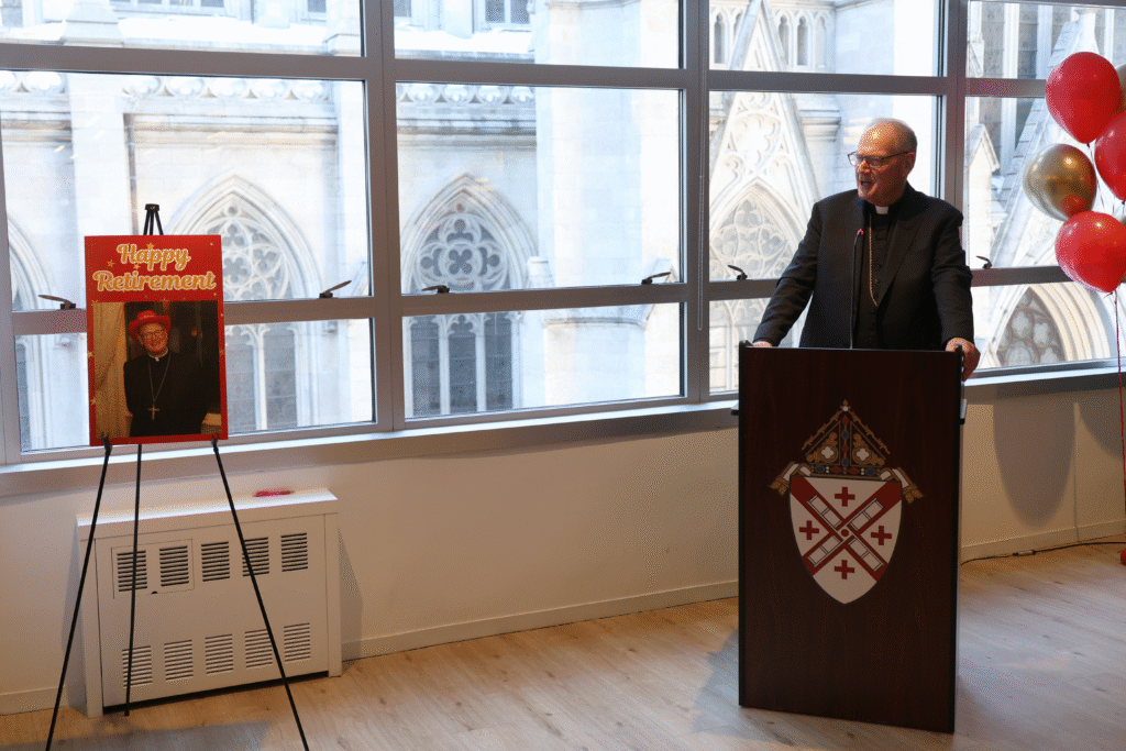 Cardinal Timothy Dolan says goodbye to the staff of the Archdiocese of New York at an event at archdiocesan headquarters on Madison Avenue, February 2, 2026.