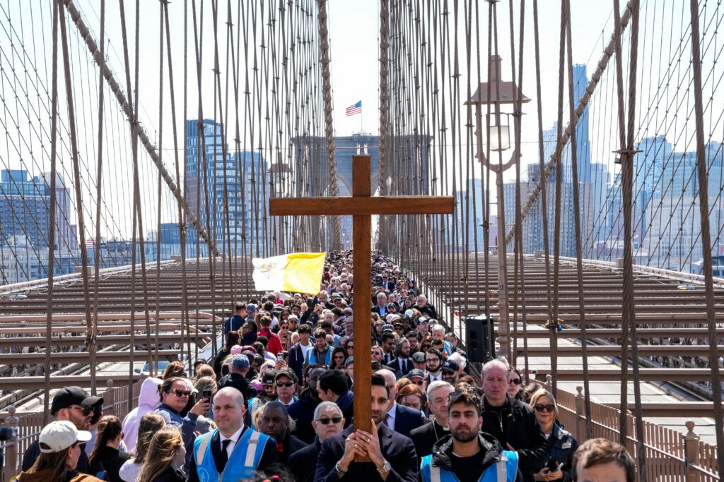 Hundreds of pilgrims take part in the Way of the Cross procession over the Brooklyn Bridge on Good Friday, April 18, 2025.