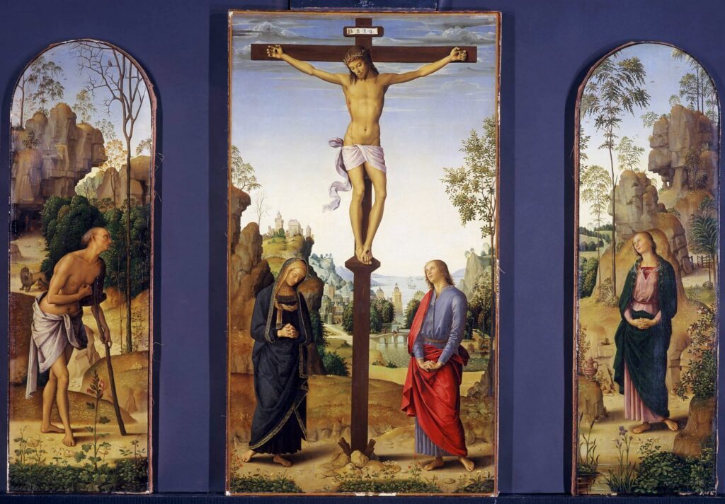 The plants and flowers in Pietro Perugino's "The Crucifixion with the Virgin, St. John, St. Jerome and St. Mary Magdalene" convey a symbolic message. Perugino used red poppies, violets and a deep-pink mallow to symbolize death, humility and salvation, respectively.