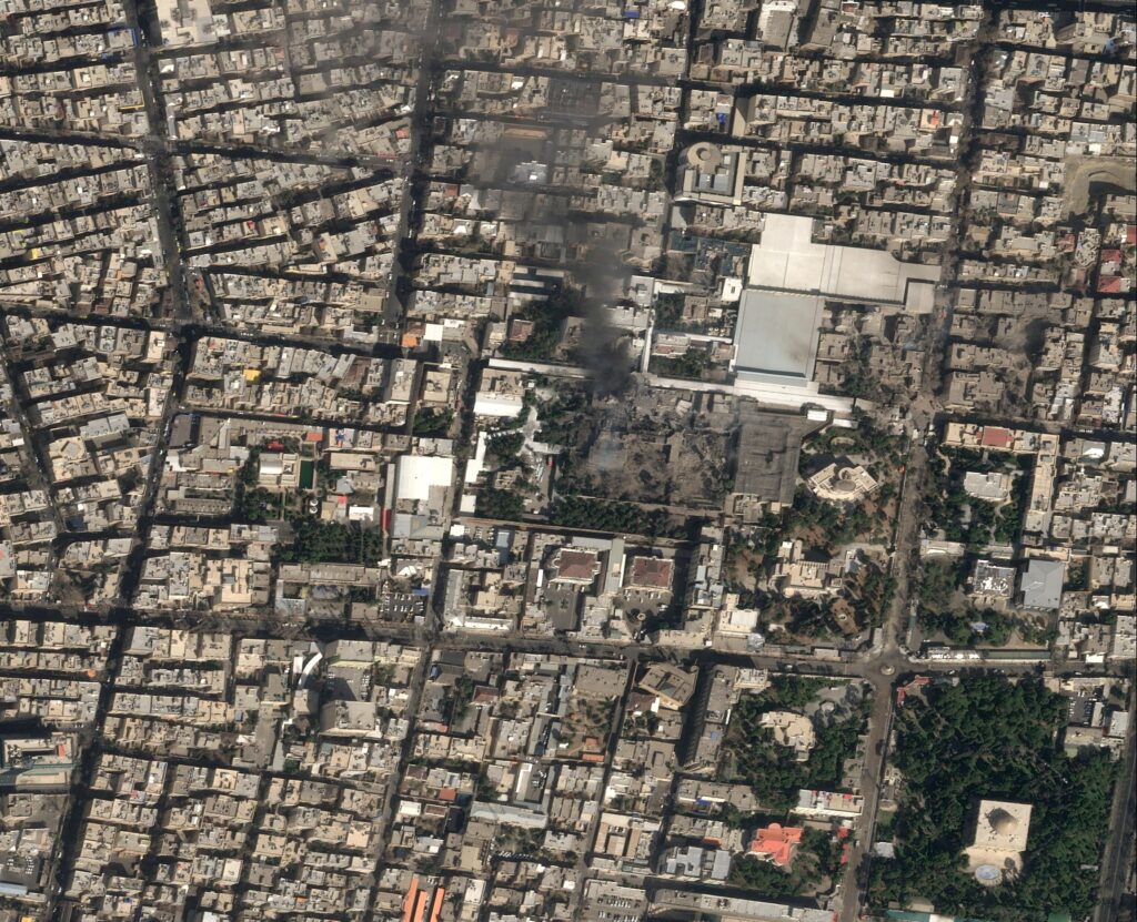 A satellite image shows black smoke rising and heavy damage at Iranian Supreme Leader Ayatollah Ali Khamenei's compound, following strikes by the United States and Israel against Iran, in Tehran, Iran, February 28, 2026.