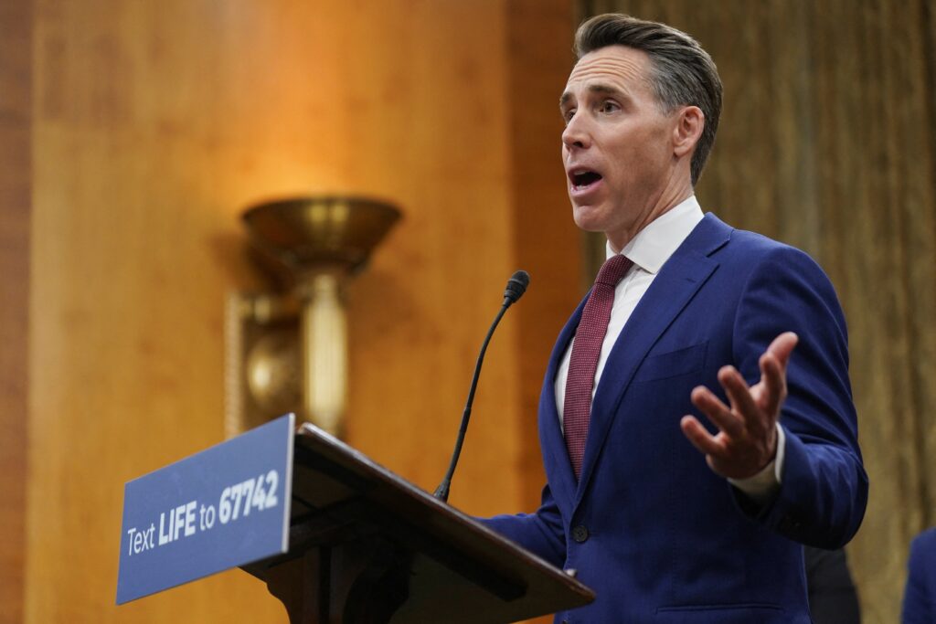Senator Josh Hawley, R-Mo., speaks during a press conference on the U.S. Food and Drug Administration's abortion drug policies on Capitol Hill in Washington Jan. 14, 2026.