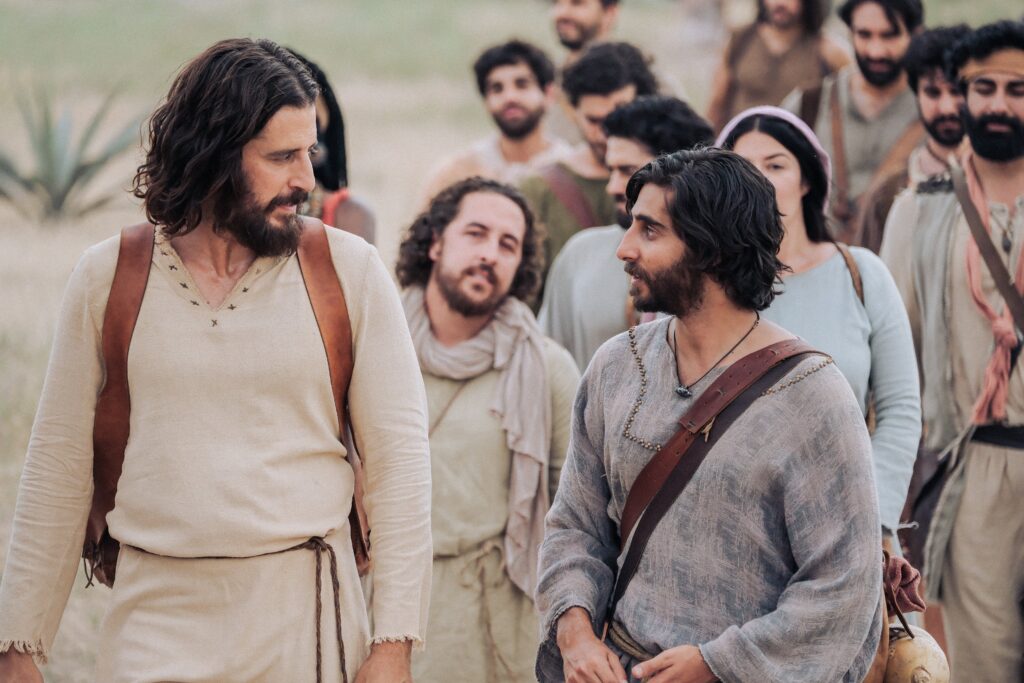 Actor Jonathan Roumie as Jesus and Luke Dimyan as Judas star in a scene from “The Chosen” in its fourth season. Season six will stream on Prime Video in the fall of 2026.
