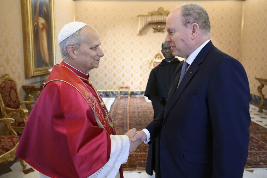Pope Leo XIV greets Prince Albert II of Monaco at the Vatican January 17, 2026. Pope Leo will visit Monaco March 28 for a historic one-day apostolic journey. Photo: OSV News photo/Vatican Media