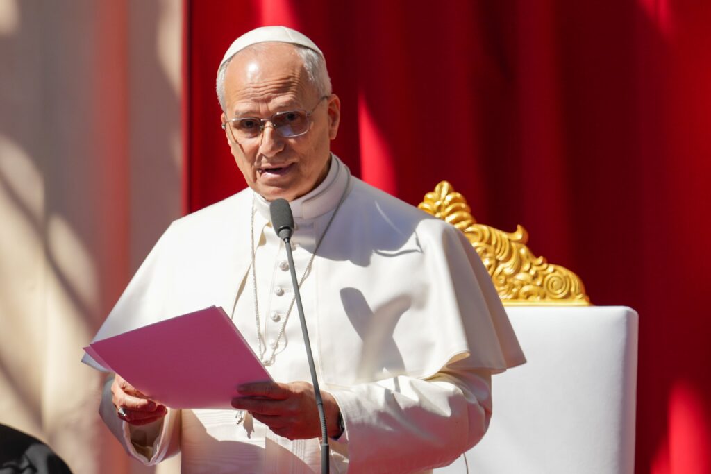 Pope Leo XIV leads a meeting with young people and catechumens outside the church of St. Devota, as part of a one-day apostolic trip in Monaco, March 28, 2026.