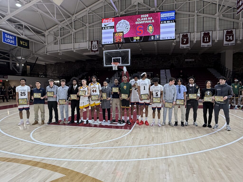 Members of the All-League “AA” First, Second, and Third Teams pose with their awards before the second of two games at the Catholic High School Athletic Association intersectional semi-finals at Fordham University’s Rose Hill Gymnasium, March 4, 2026.