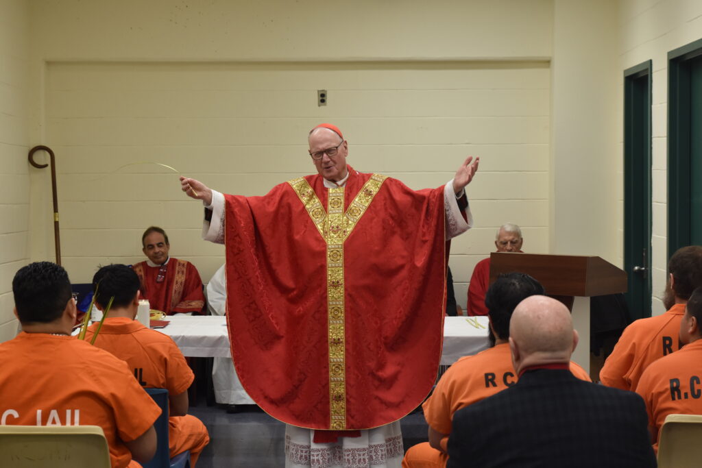 Cardinal Timothy Dolan delivers his homily at the Eugene J. Grogan Correctional Facility in New City, Rockland County, during Palm Sunday Mass, March 29, 2026.