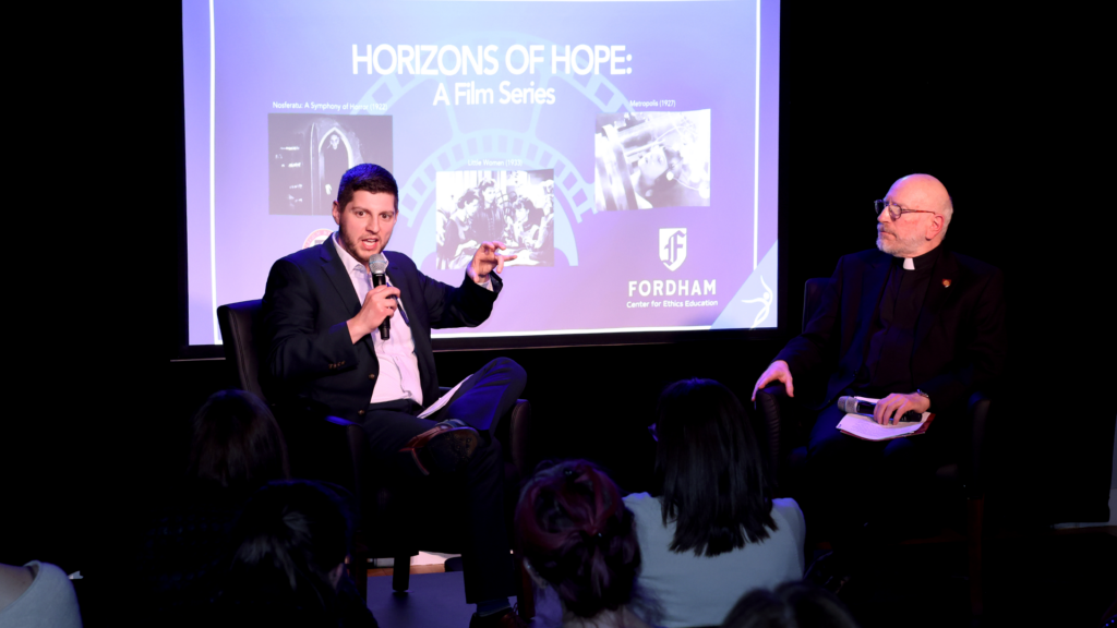 Matthew Clemente, Ph.D. (left) and Father Thomas Massaro, S.J. (right) open discussion up to the audience at the Sheen Center after the screening of “Nosferatu."