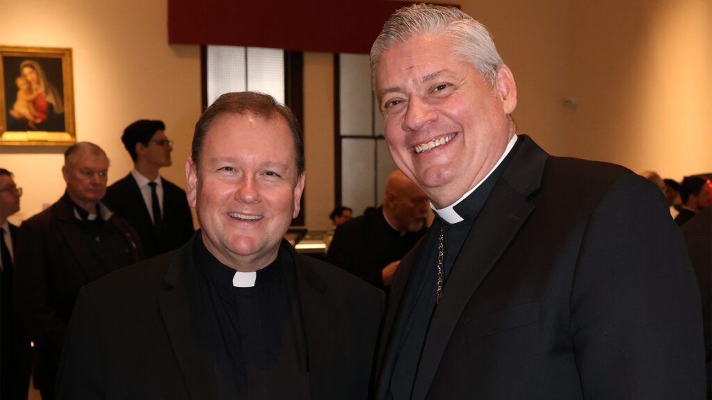 Monsignor Luke Sweeney (left) posing with Bishop John Bonnici (right) at the bishop’s farewell lunch at St. Joseph’s Seminary.