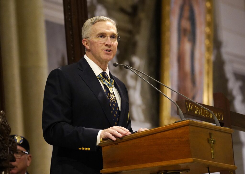 Supreme Knight Patrick Kelly offers closing remarks February 22, 2025, following exemplification of patriotism and knighting ceremony at St. Patrick's Cathedral in Manhattan, marking the 125th anniversary of the Knights of Columbus Fourth Degree.