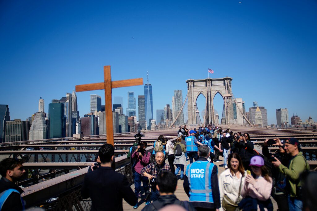 Hundreds of pilgrims take part in the Way of the Cross procession over the Brooklyn Bridge on Good Friday, April 18, 2025.