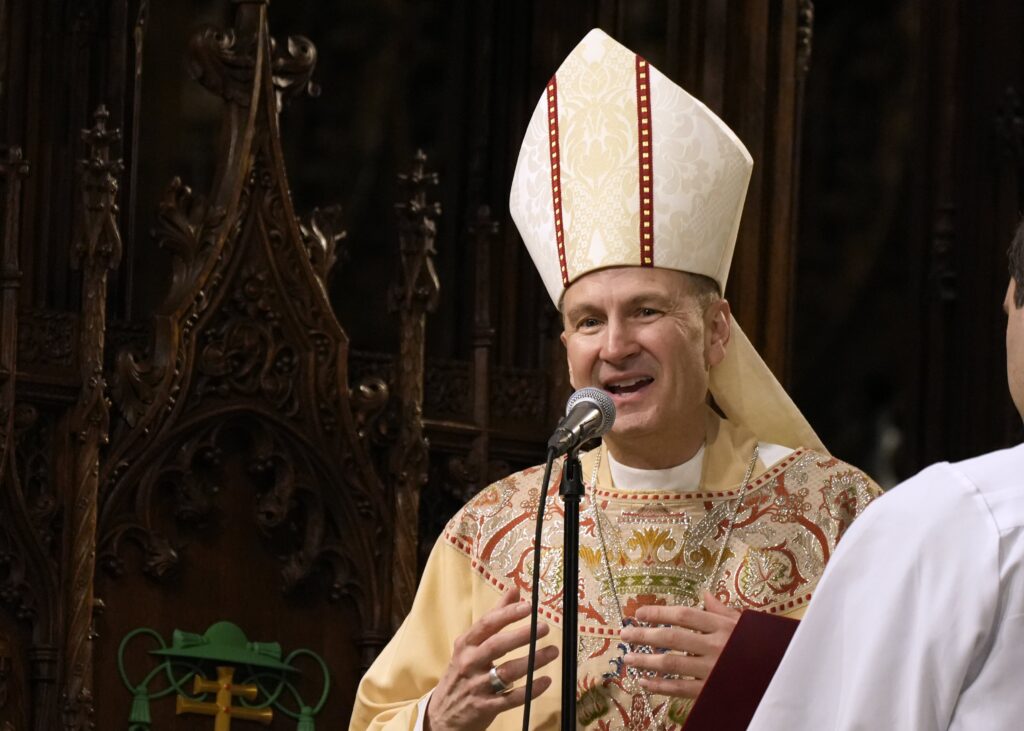 New York Archbishop Ronald A. Hicks speaks at the end of the St. Patrick's Day Mass at St. Patrick's Cathedral in New York City, March 17, 2026.