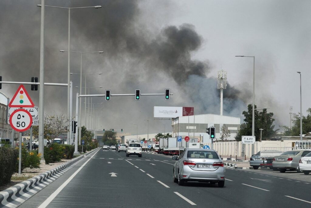 Smoke rises after reported Iranian missile attacks in Doha, Qatar, March 1, 2026, amid the U.S.-Israeli conflict with Iran that began February 28.